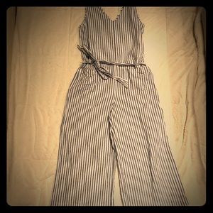 Seersucker Blue and White Ankle Romper/Jumpsuit